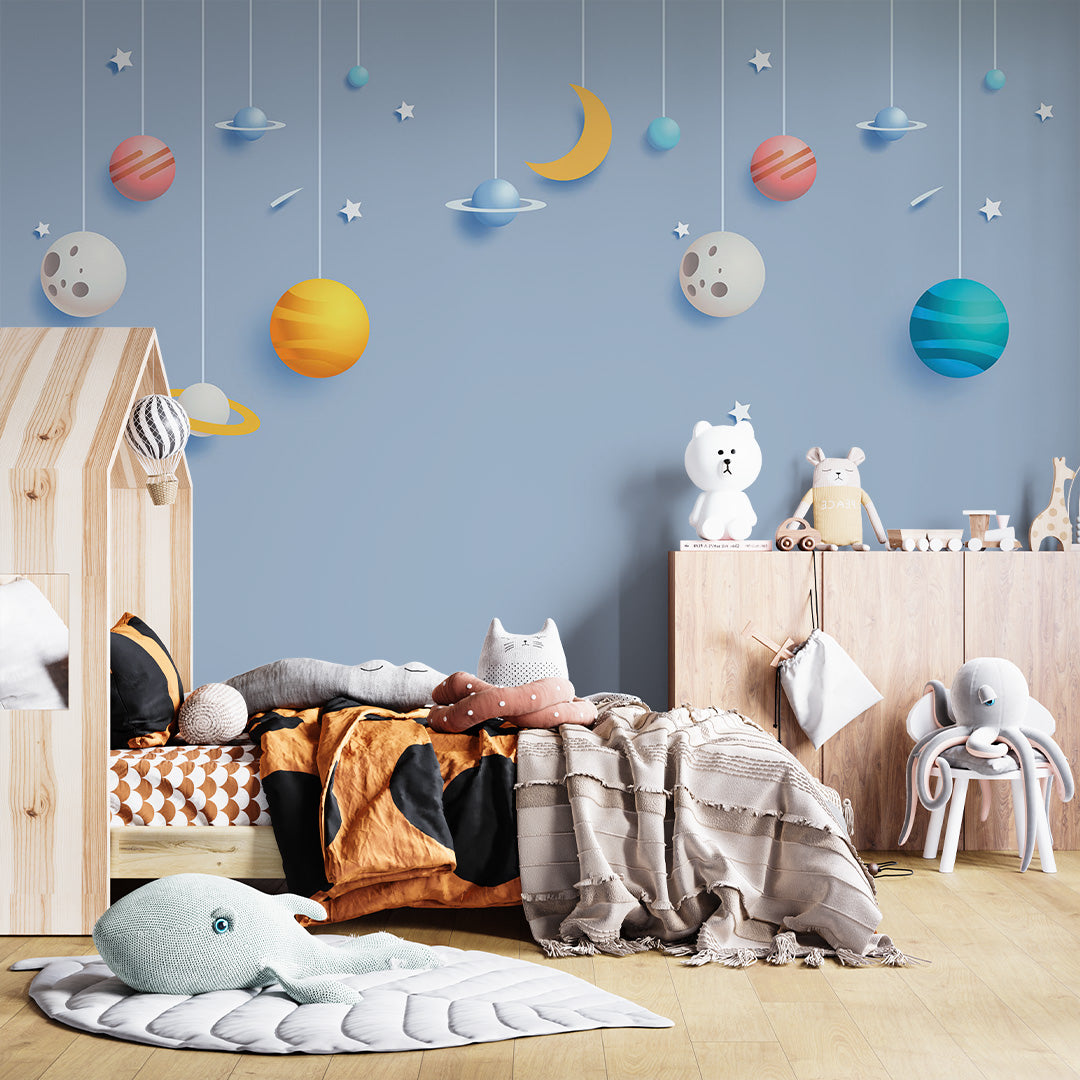 Kids Wall Murals Moon Blue Stars Simple Design Nursery Wallpaper for Kids