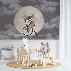 Custom Kids Wall Mural Circus Bear on Bike Moon Sky Night Clouds Nursery Wallpaper