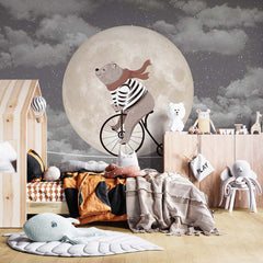 Custom Kids Wall Mural Circus Bear on Bike Moon Sky Night Clouds Nursery Wallpaper