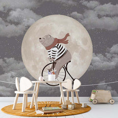 Custom Kids Wall Mural Circus Bear on Bike Moon Sky Night Clouds Nursery Wallpaper