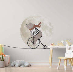 Custom Kids Wall Mural Circus Bear on Bike Moon Sky Light Clouds Minimal Design Nursery Wallpaper