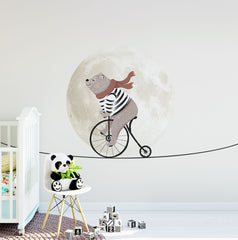 Custom Kids Wall Mural Circus Bear on Bike Moon Sky Light Clouds Minimal Design Nursery Wallpaper