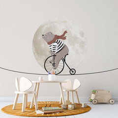 Custom Kids Wall Mural Circus Bear on Bike Moon Sky Light Clouds Minimal Design Nursery Wallpaper