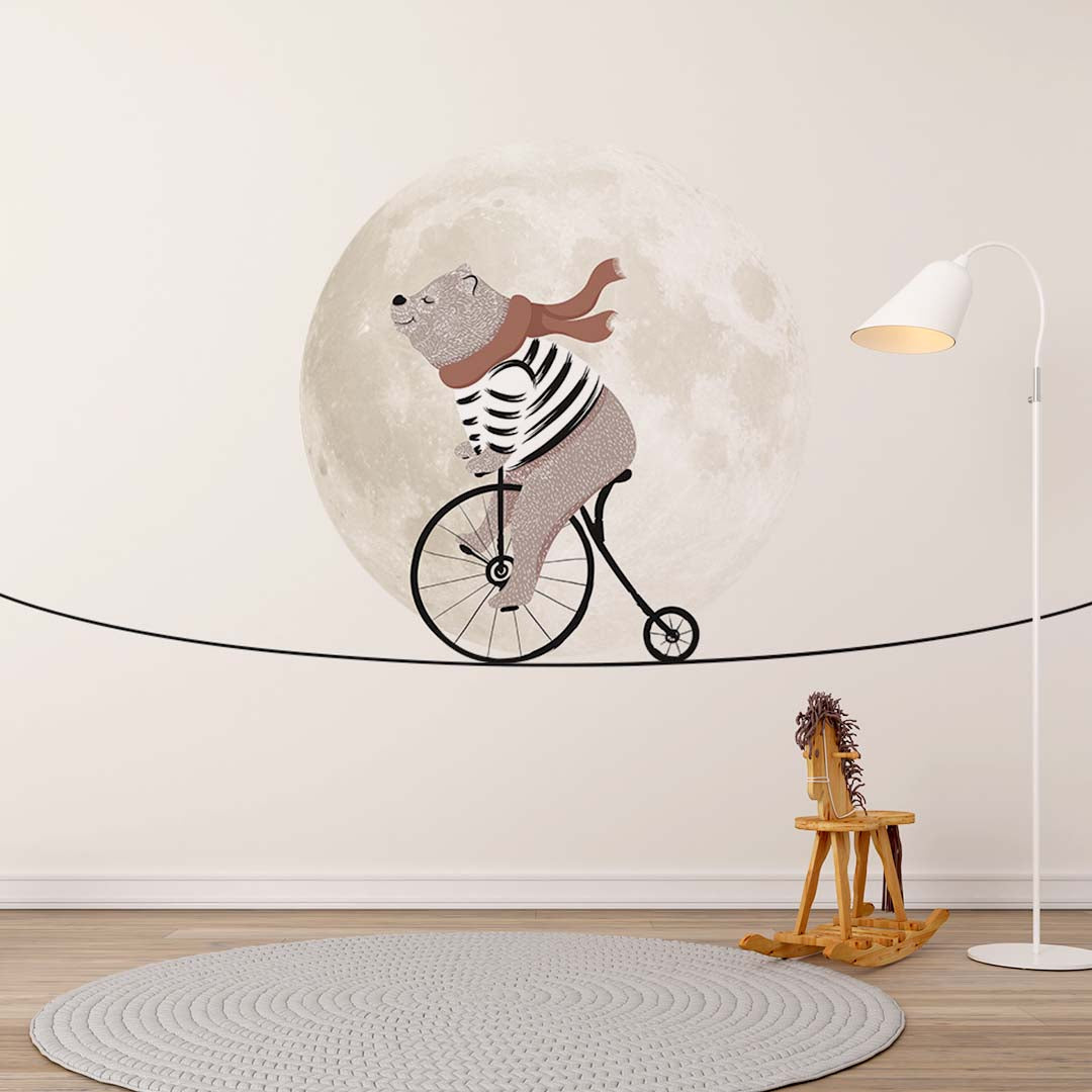 Custom Kids Wall Mural Circus Bear on Bike Moon Sky Light Clouds Minimal Design Nursery Wallpaper