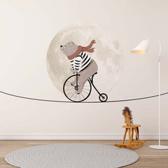 Custom Kids Wall Mural Circus Bear on Bike Moon Sky Light Clouds Minimal Design Nursery Wallpaper