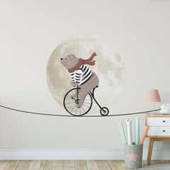 Custom Kids Wall Mural Circus Bear on Bike Moon Sky Light Clouds Minimal Design Nursery Wallpaper