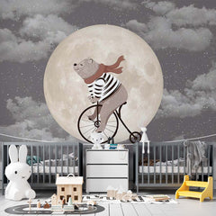 Custom Kids Wall Mural Circus Bear on Bike Moon Sky Night Clouds Nursery Wallpaper