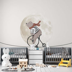 Custom Kids Wall Mural Circus Bear on Bike Moon Sky Light Clouds Minimal Design Nursery Wallpaper