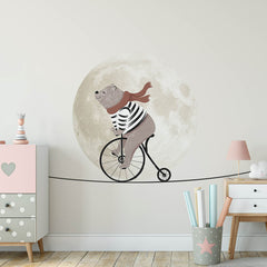 Custom Kids Wall Mural Circus Bear on Bike Moon Sky Light Clouds Minimal Design Nursery Wallpaper