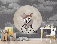 Custom Kids Wall Mural Circus Bear on Bike Moon Sky Night Clouds Nursery Wallpaper