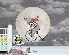 Custom Kids Wall Mural Circus Bear on Bike Moon Sky Night Clouds Nursery Wallpaper