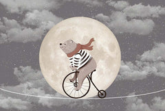 Custom Kids Wall Mural Circus Bear on Bike Moon Sky Night Clouds Nursery Wallpaper