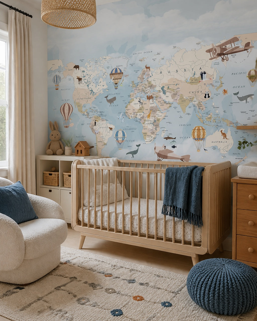 Vintage explorer world map, animals & airships mural in a modern nursery with a crib.