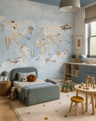 Vintage explorer world map, animals & airships mural in a toddler bedroom with a child-sized bed.