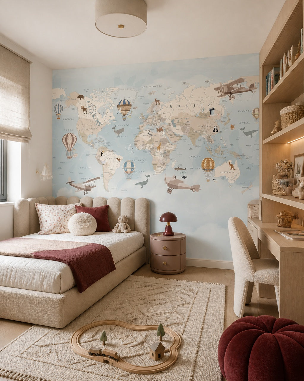 Vintage explorer world map, animals & airships mural in a girl’s bedroom.