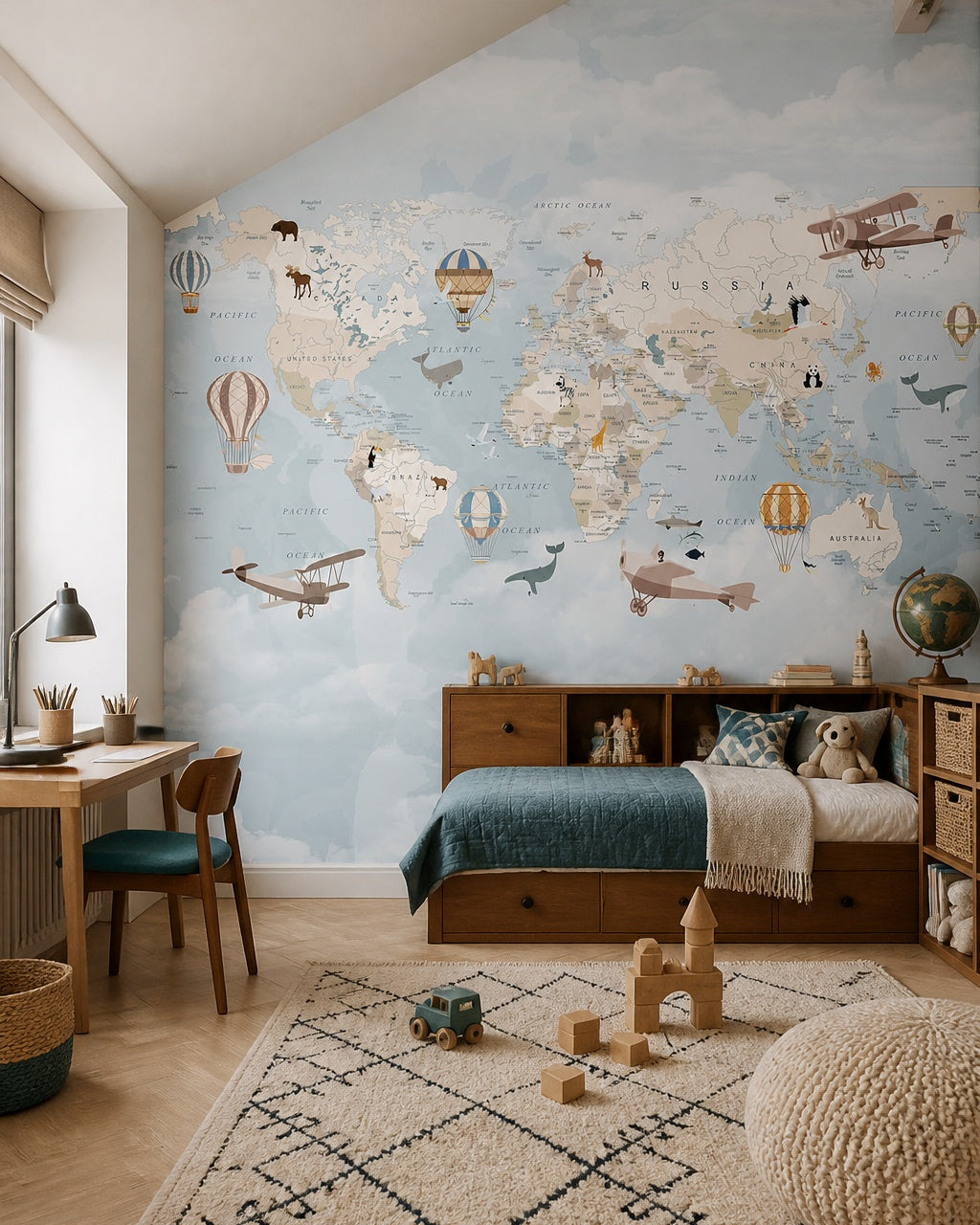 Vintage explorer world map, animals & airships mural in a boy’s bedroom.