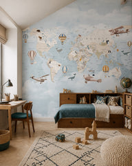 Vintage explorer world map, animals & airships mural in a boy’s bedroom.