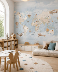Vintage explorer world map, animals & airships mural in a children’s playroom.