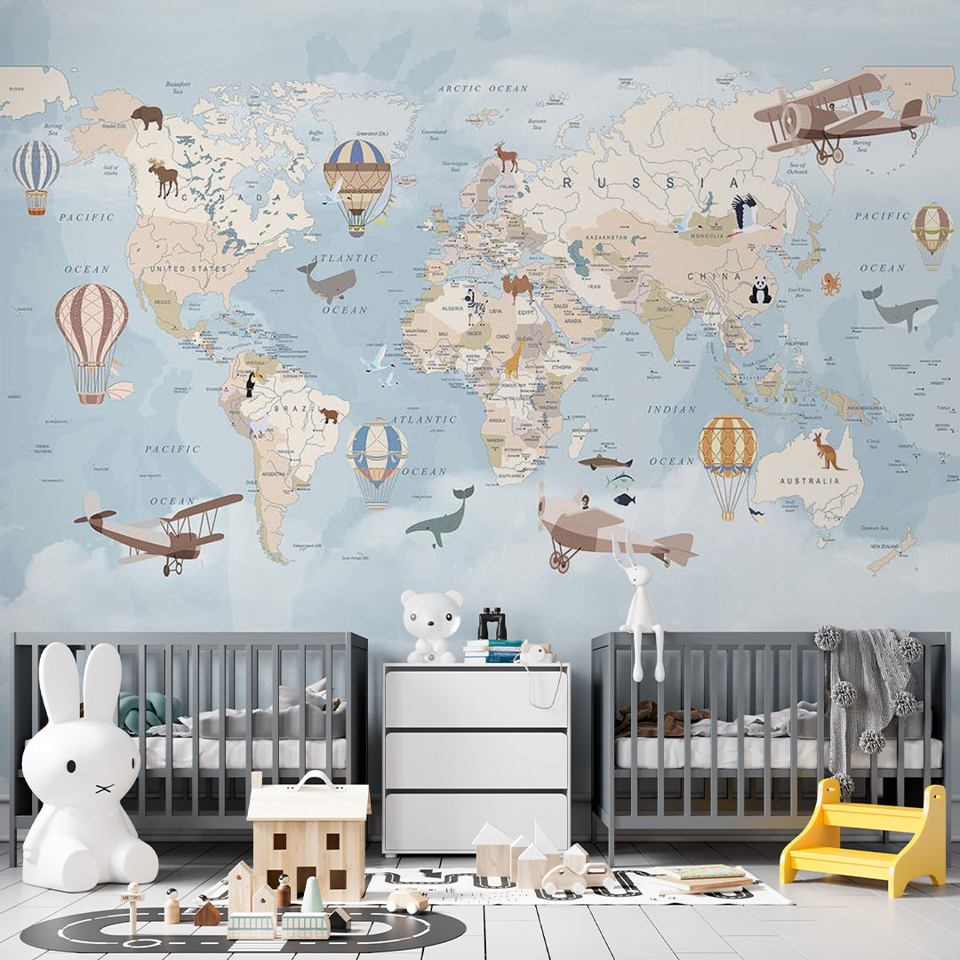 Kids World Map with Countries Wall Mural Decals Posters for Girls Boys Baby Wallpaper for Kids