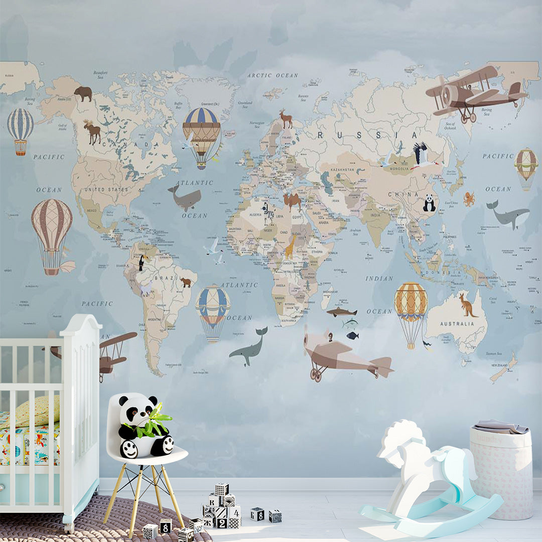 Kids World Map with Countries Wall Mural Decals Posters for Girls Boys Baby Wallpaper for Kids