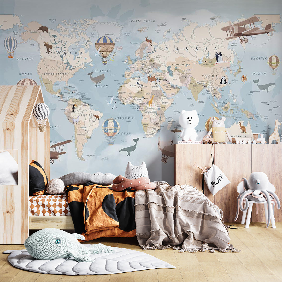 Kids World Map with Countries Wall Mural Decals Posters for Girls Boys Baby Wallpaper for Kids