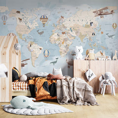 Custom Kids World Map with Countries Wall Mural Decals Posters for Girls Boys Baby Wallpaper for Kids