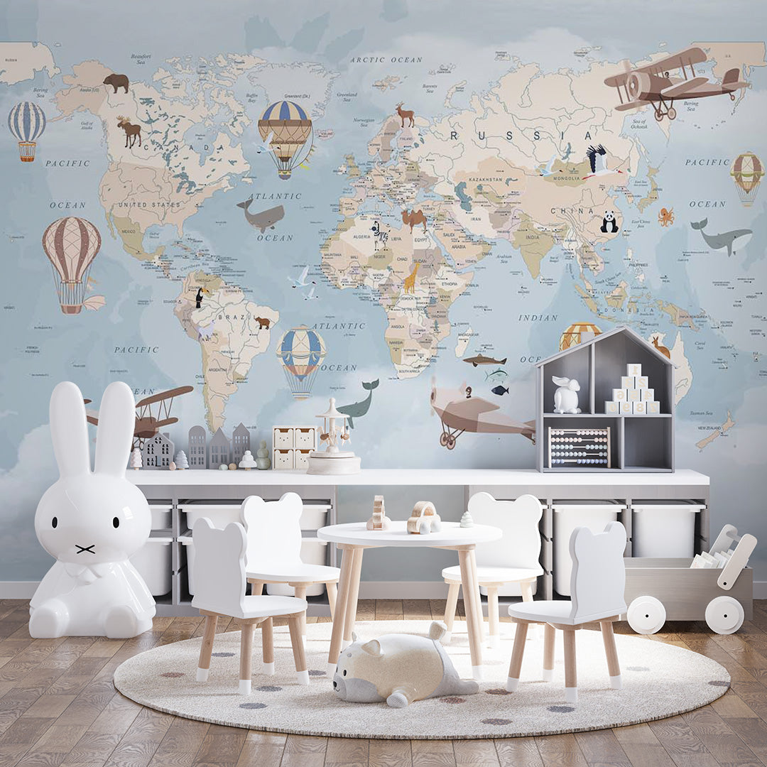 Kids World Map with Countries Wall Mural Decals Posters for Girls Boys Baby Wallpaper for Kids