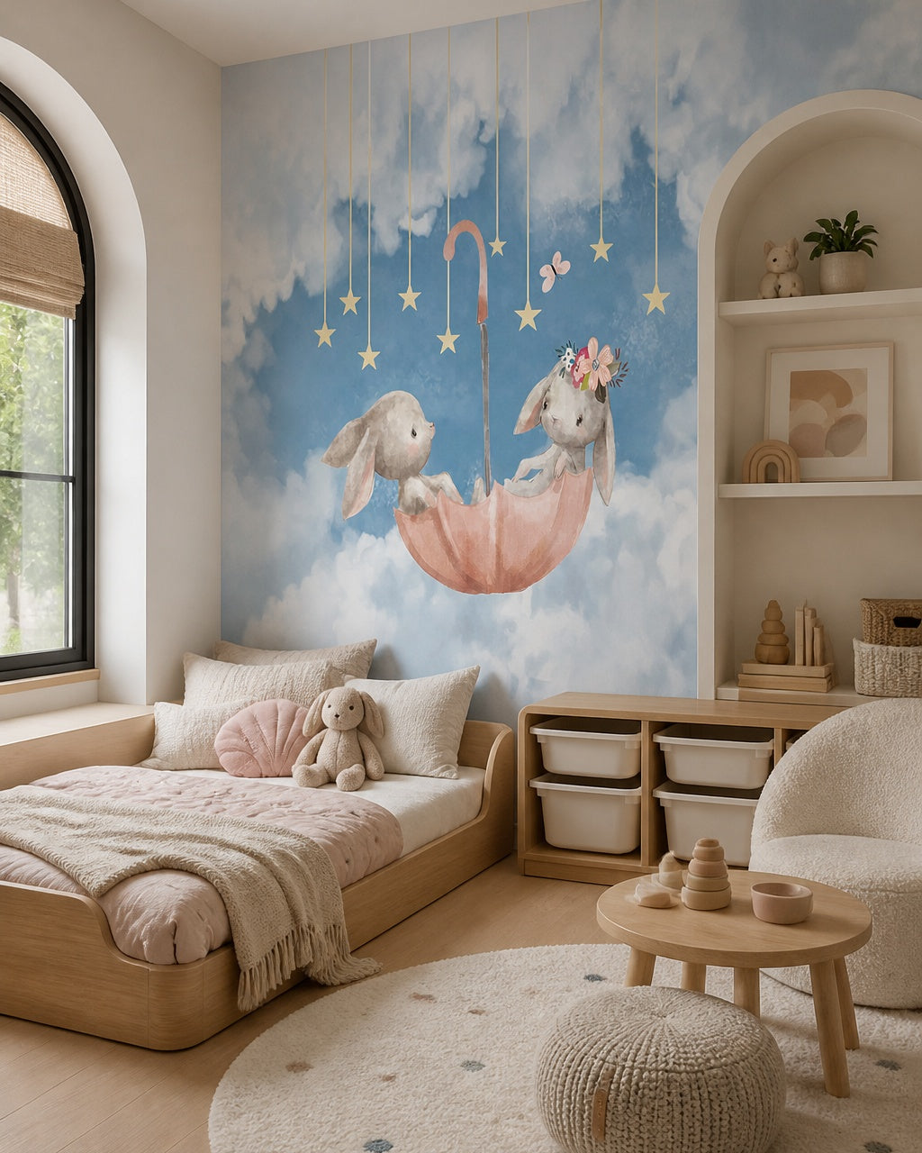 Bunnies in umbrella wallpaper in a toddler bedroom with a child-sized bed.
