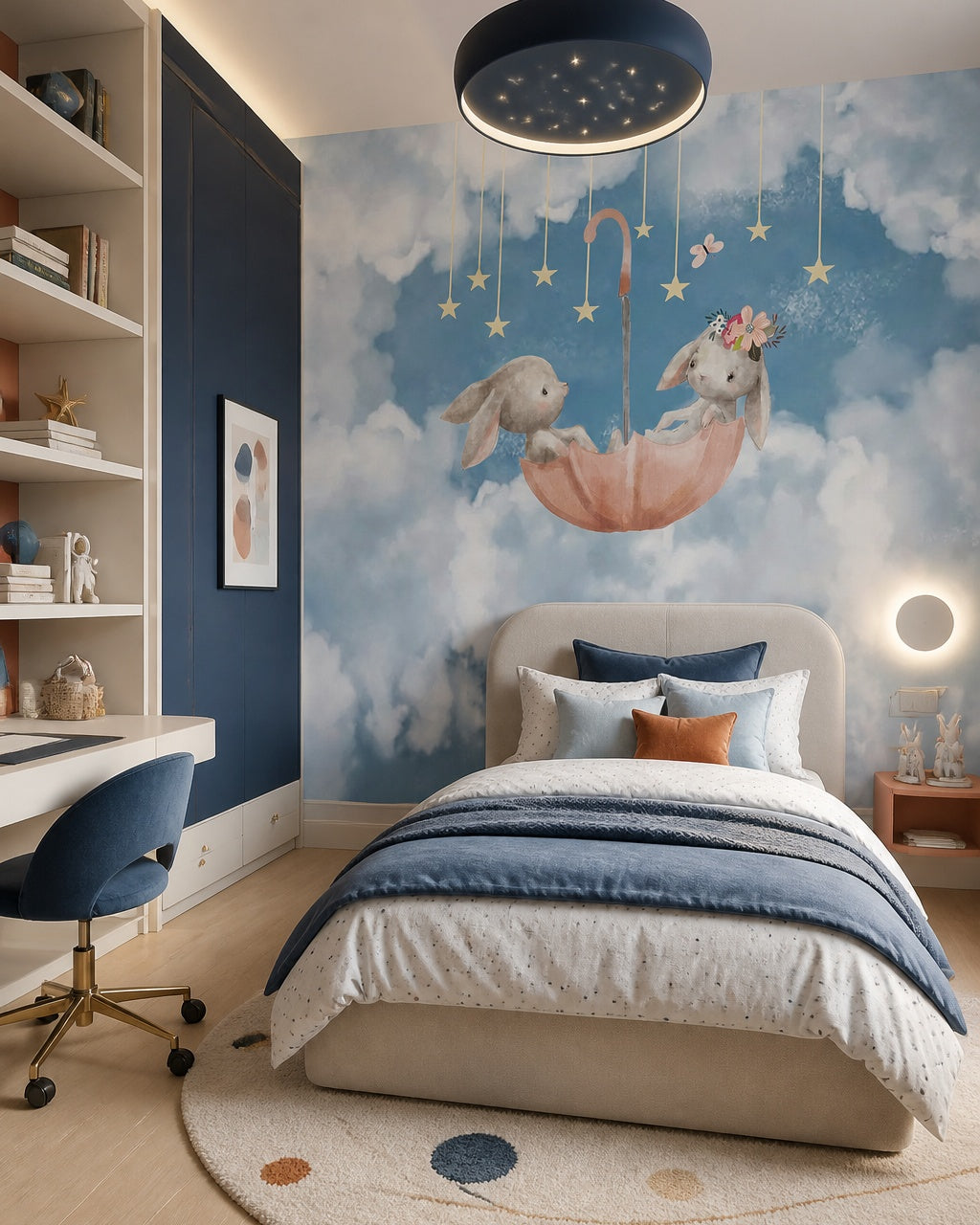 Bunnies in umbrella wallpaper in a girl’s bedroom.