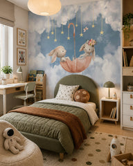 Bunnies in umbrella wallpaper in a boy’s bedroom.