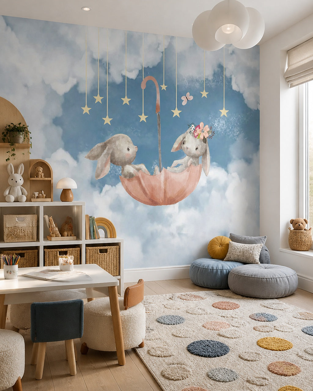 Bunnies in umbrella wallpaper in a children’s playroom.