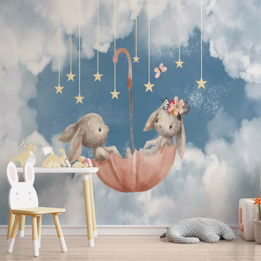 Custom Kids Wall Mural Cartoon Clouds Cute Rabbits with Umbrella Stars Nursery Wallpaper