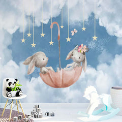 Custom Kids Wall Mural Cartoon Clouds Cute Rabbits with Umbrella Stars Nursery Wallpaper