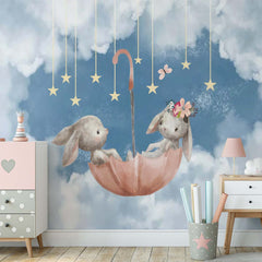 Custom Kids Wall Mural Cartoon Clouds Cute Rabbits with Umbrella Stars Nursery Wallpaper