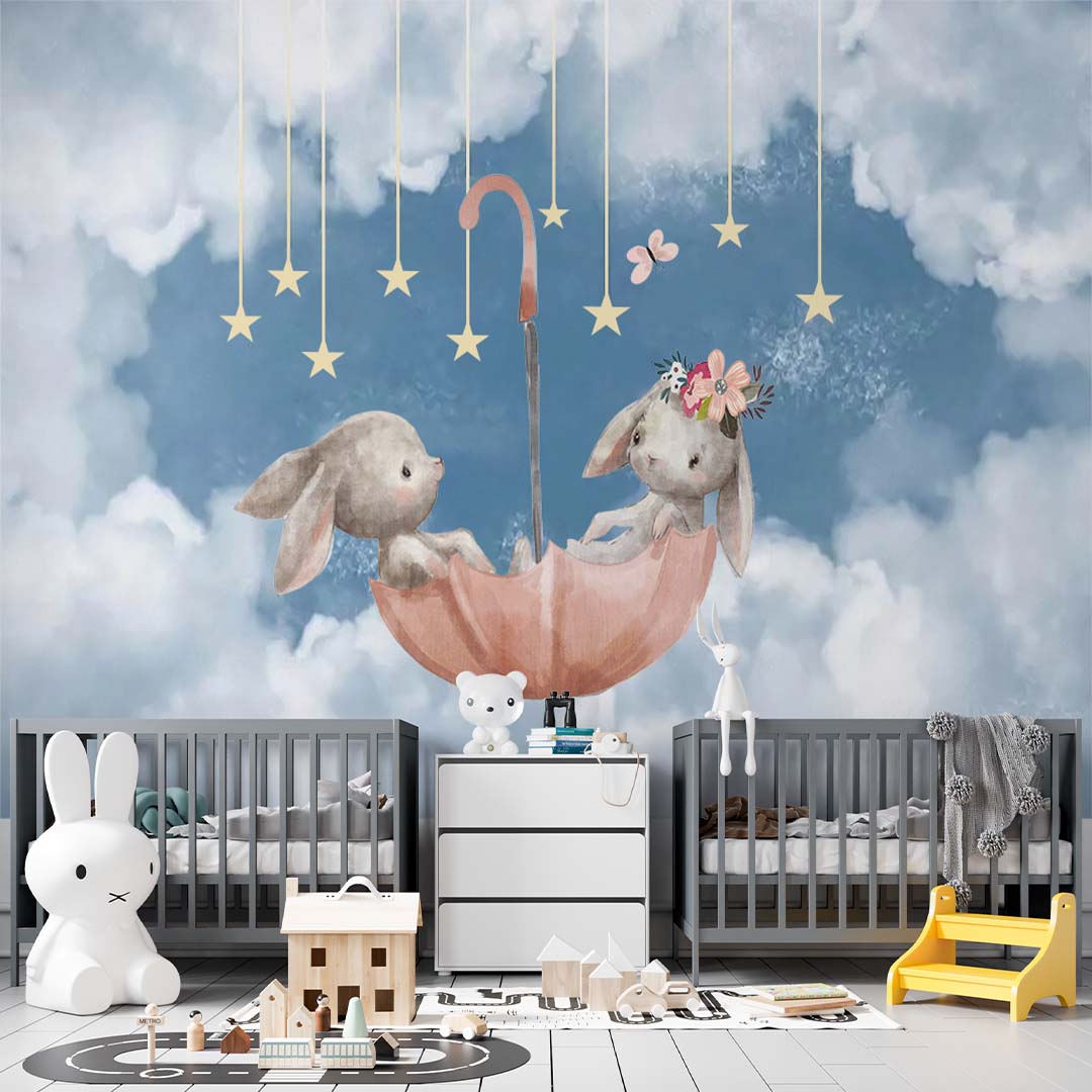 Kids Wall Mural Cartoon Clouds Cute Rabbits with Umbrella Stars Nursery Wallpaper