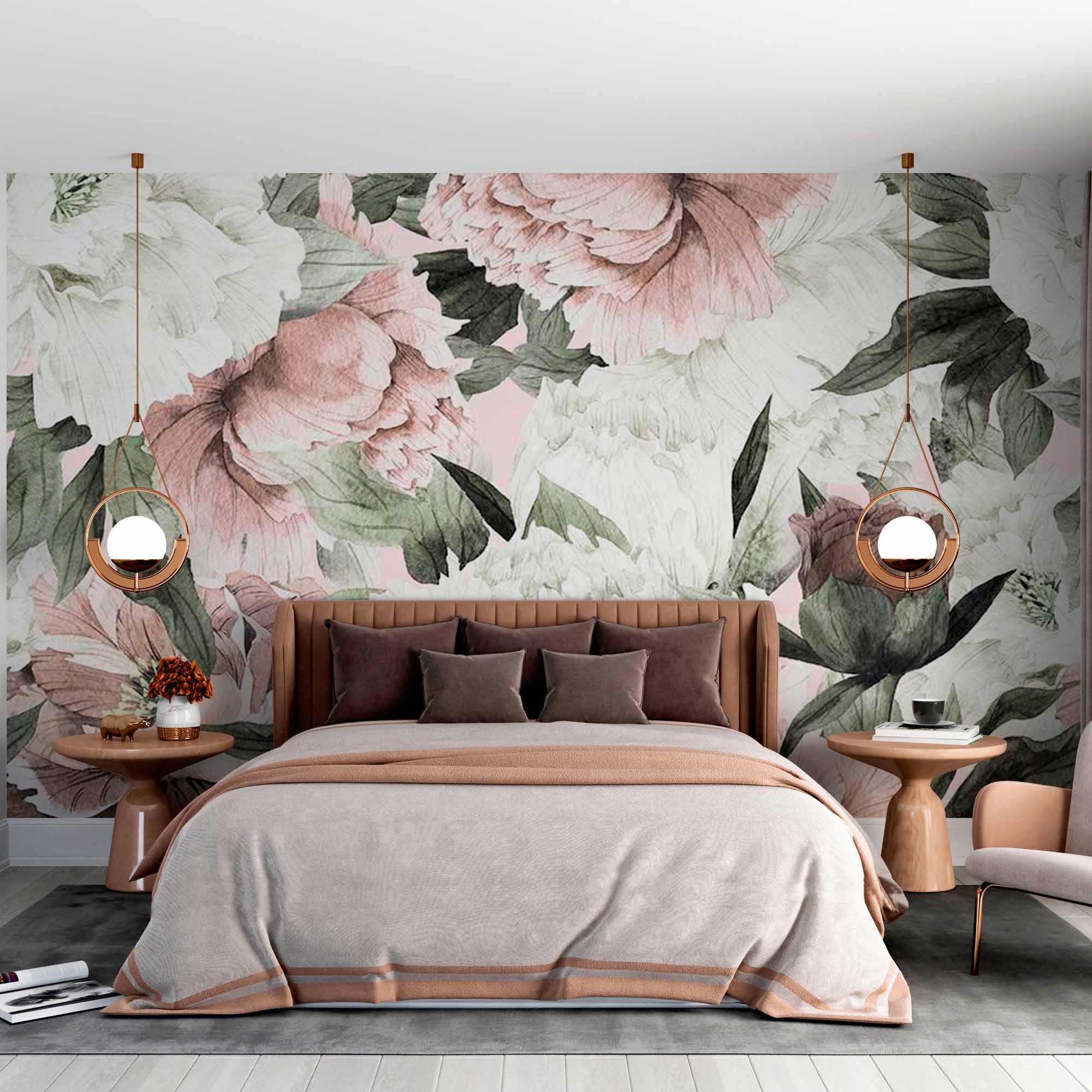 Peony Pattern Wall Mural Light Pink and White Floral Wallpaper