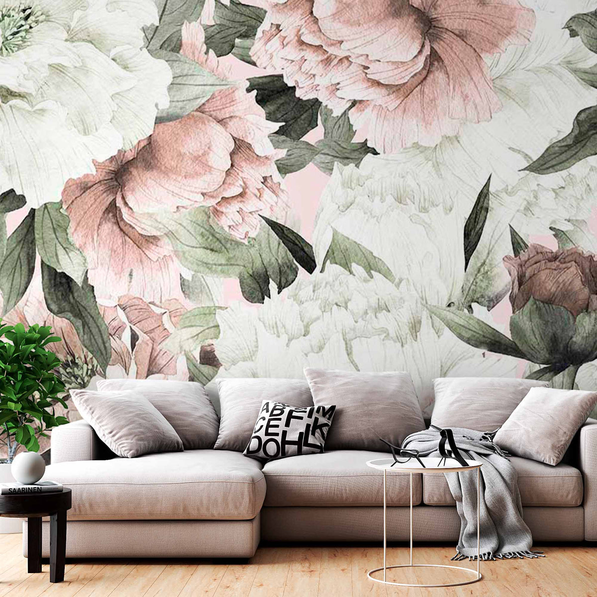 Peony Pattern Wall Mural Light Pink and White Floral Wallpaper