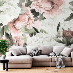 Custom Peony Pattern Wall Mural Light Pink and White Floral Wallpaper