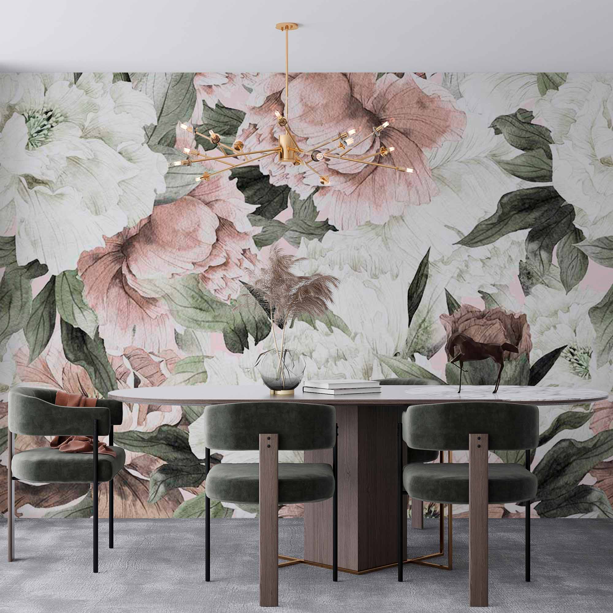 Peony Pattern Wall Mural Light Pink and White Floral Wallpaper