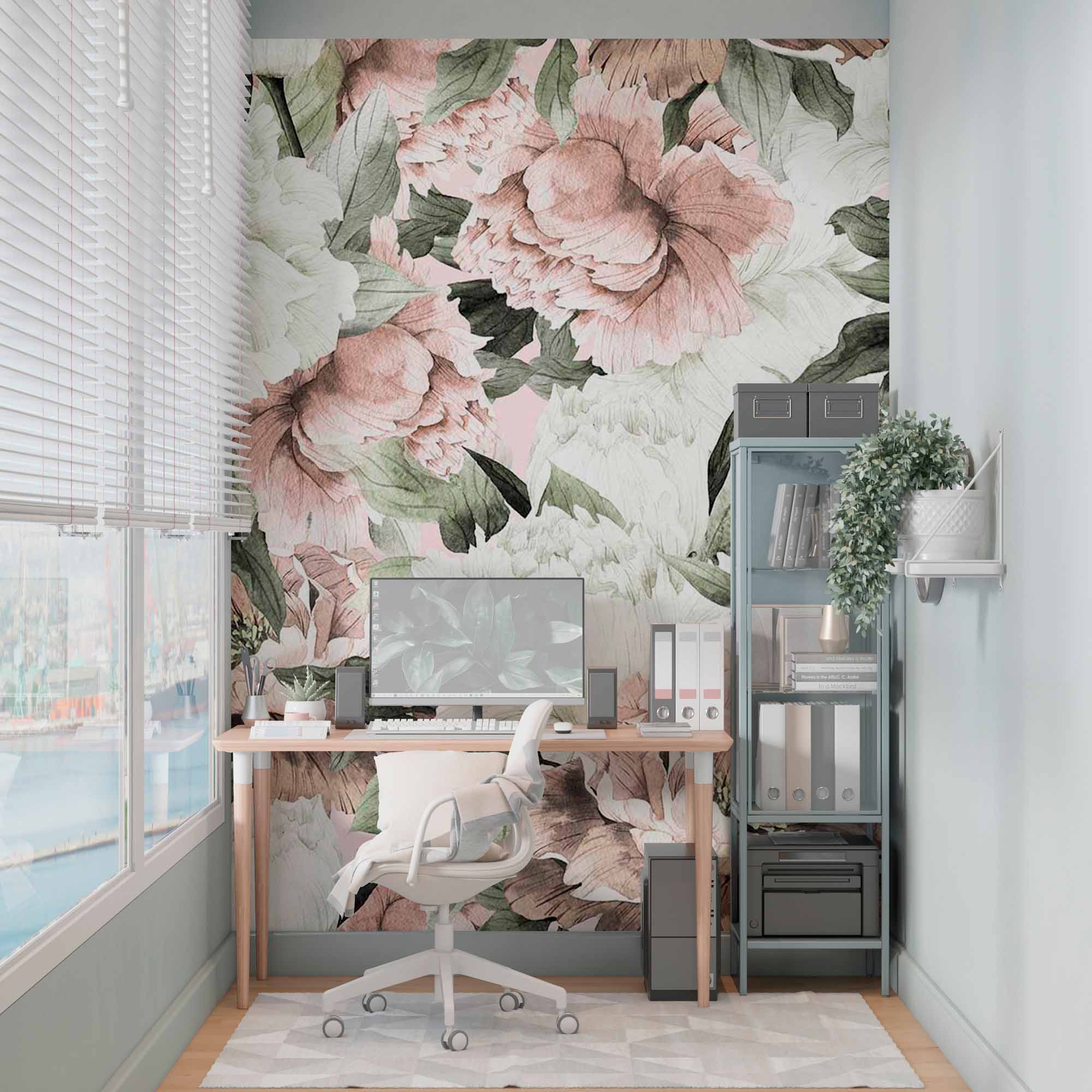 Peony Pattern Wall Mural Light Pink and White Floral Wallpaper