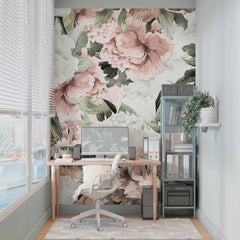 Custom Peony Pattern Wall Mural Light Pink and White Floral Wallpaper