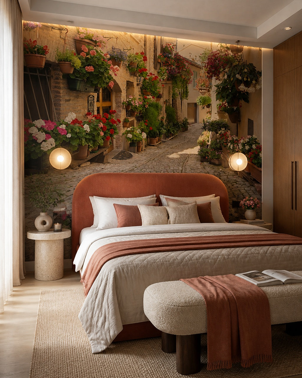 Mediterranean alley wallpaper in a designer bedroom.