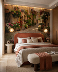Mediterranean alley wallpaper in a designer bedroom.