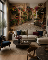 Mediterranean alley wallpaper in a designer living room.