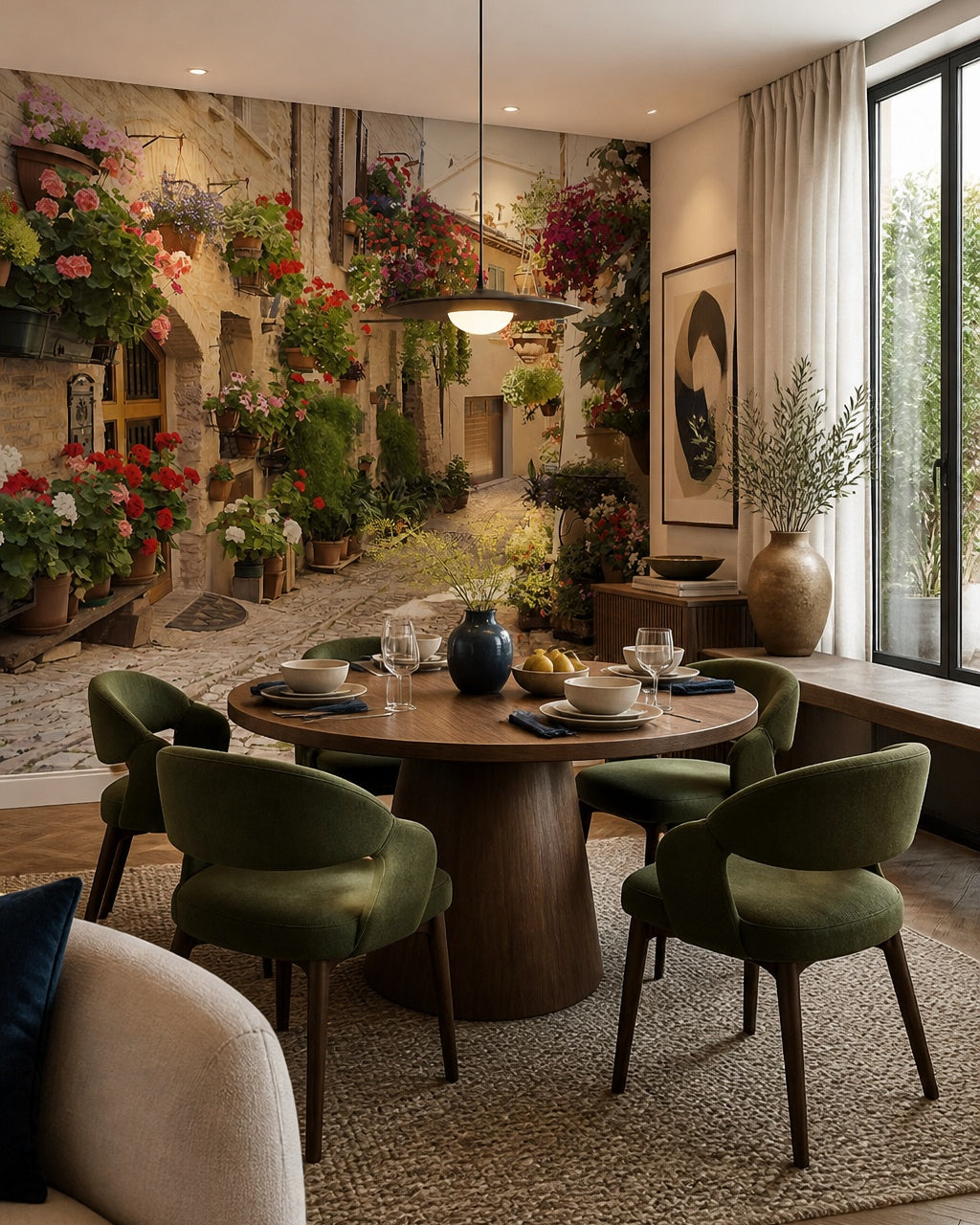Mediterranean alley wallpaper in a refined dining area.
