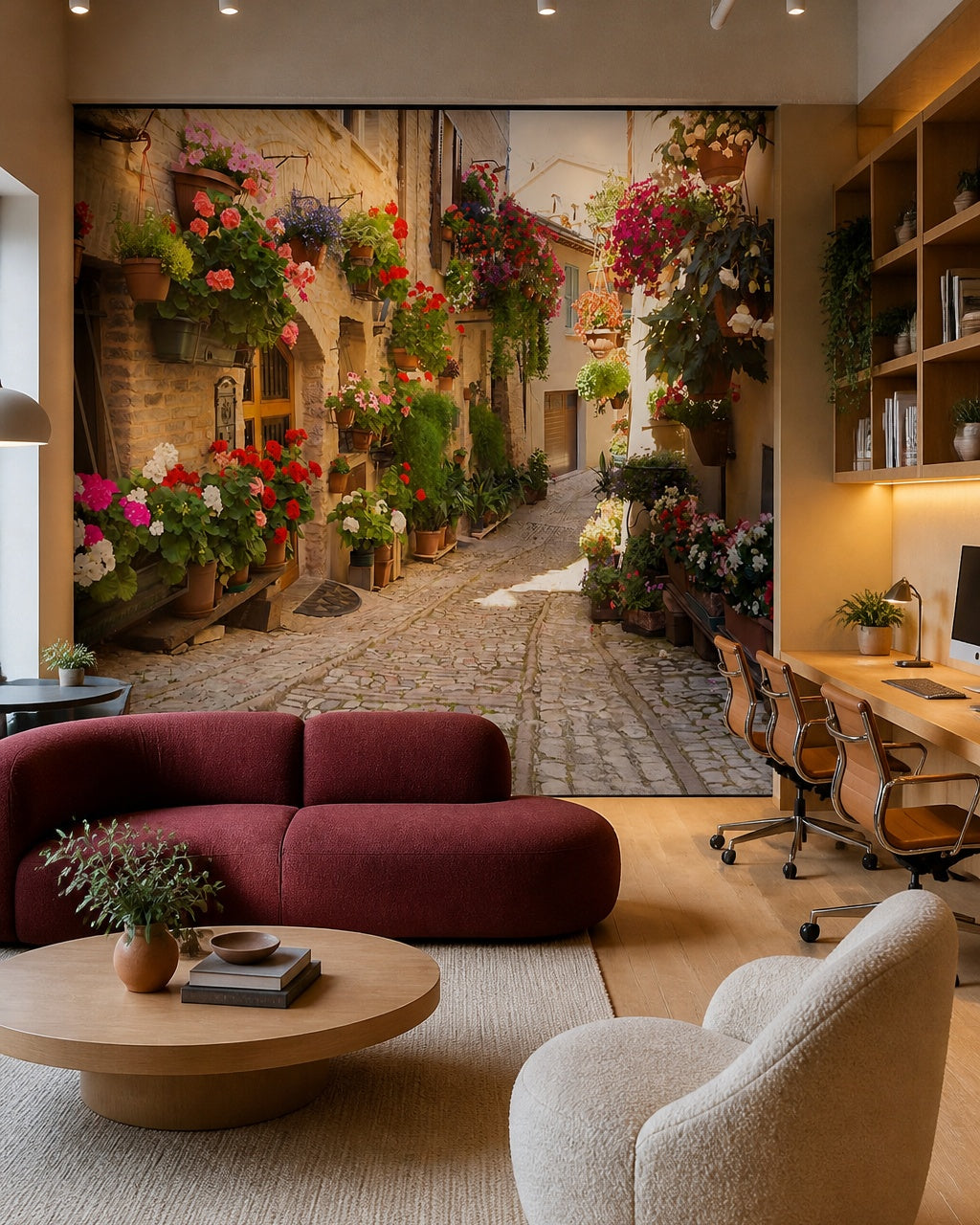 Mediterranean alley wallpaper in a creative office lounge.