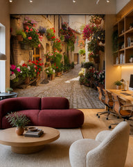 Mediterranean alley wallpaper in a creative office lounge.