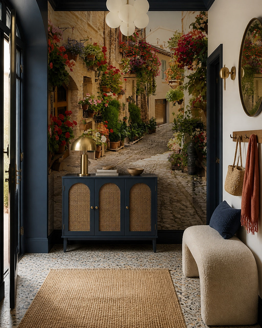 Mediterranean alley wallpaper in a designer entrance hall.