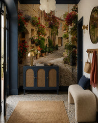 Mediterranean alley wallpaper in a designer entrance hall.