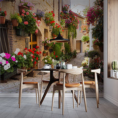 Custom Charming Mediterranean Alley Wall Mural - Cobblestone Street with Vibrant Flower Pots